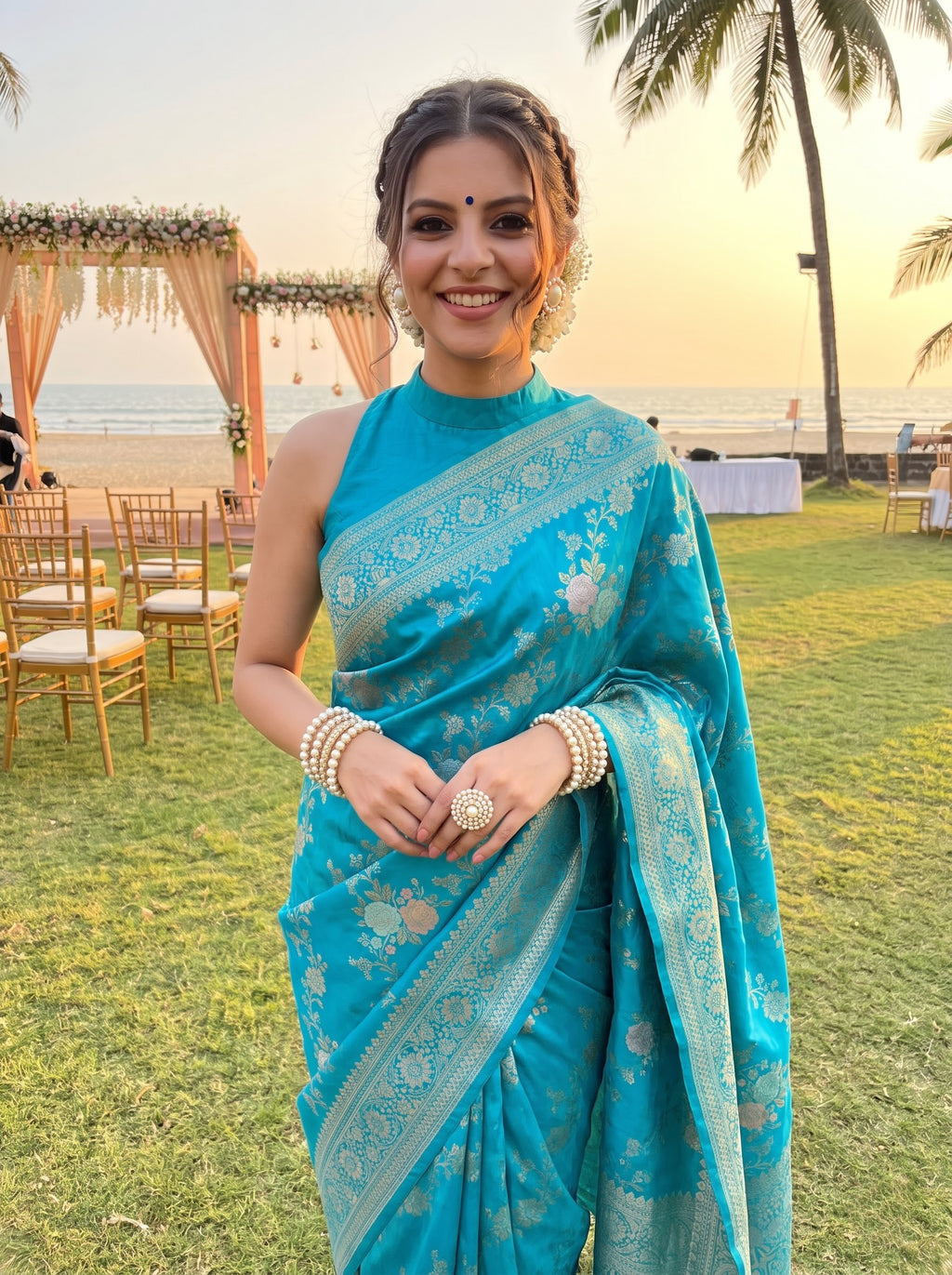 Sky Blue Banarasi Chinon Georgette Saree with Silver Zari Floral Weaving & Rich Designer Pallu | Festive & Wedding Wear