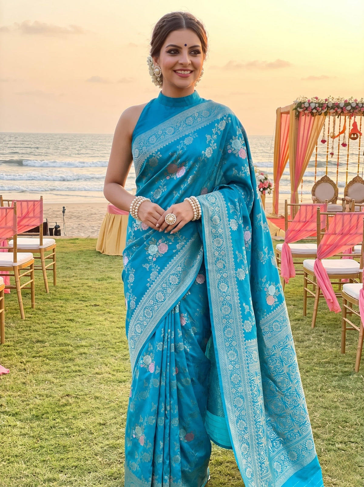 Sky Blue Banarasi Chinon Georgette Saree with Silver Zari Floral Weaving & Rich Designer Pallu | Festive & Wedding Wear