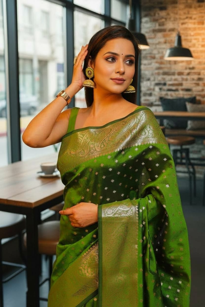 Banarasi Woven Silk Blend Saree Olive Green