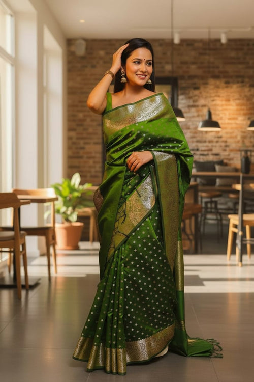 Banarasi Woven Silk Blend Saree Olive Green