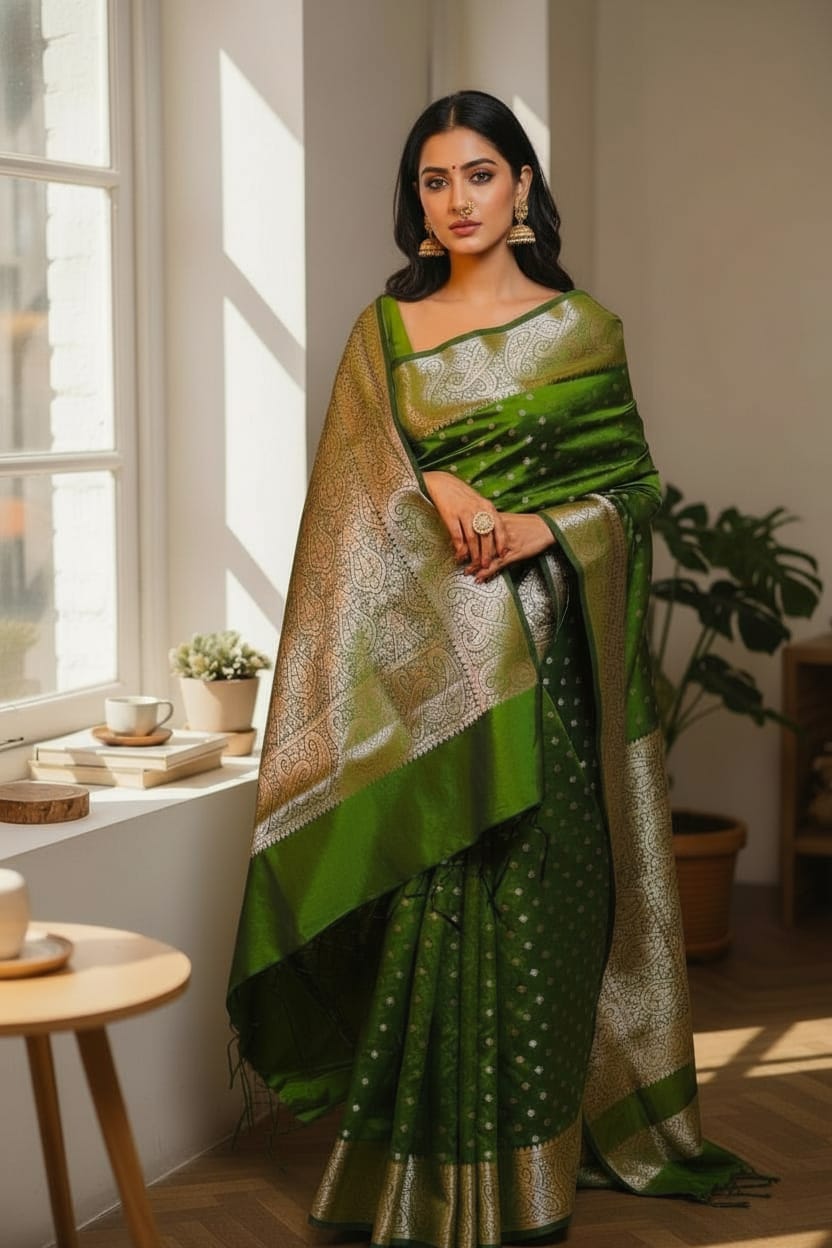 Banarasi Woven Silk Blend Saree Olive Green