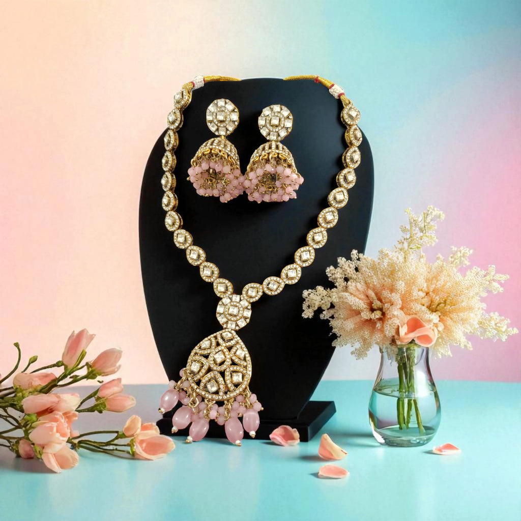 Moissanite Kundan Long Necklace Set with Jhumka – Festive Bridal Jewellery | Perfect for Banarasi Mashru Silk Sarees
