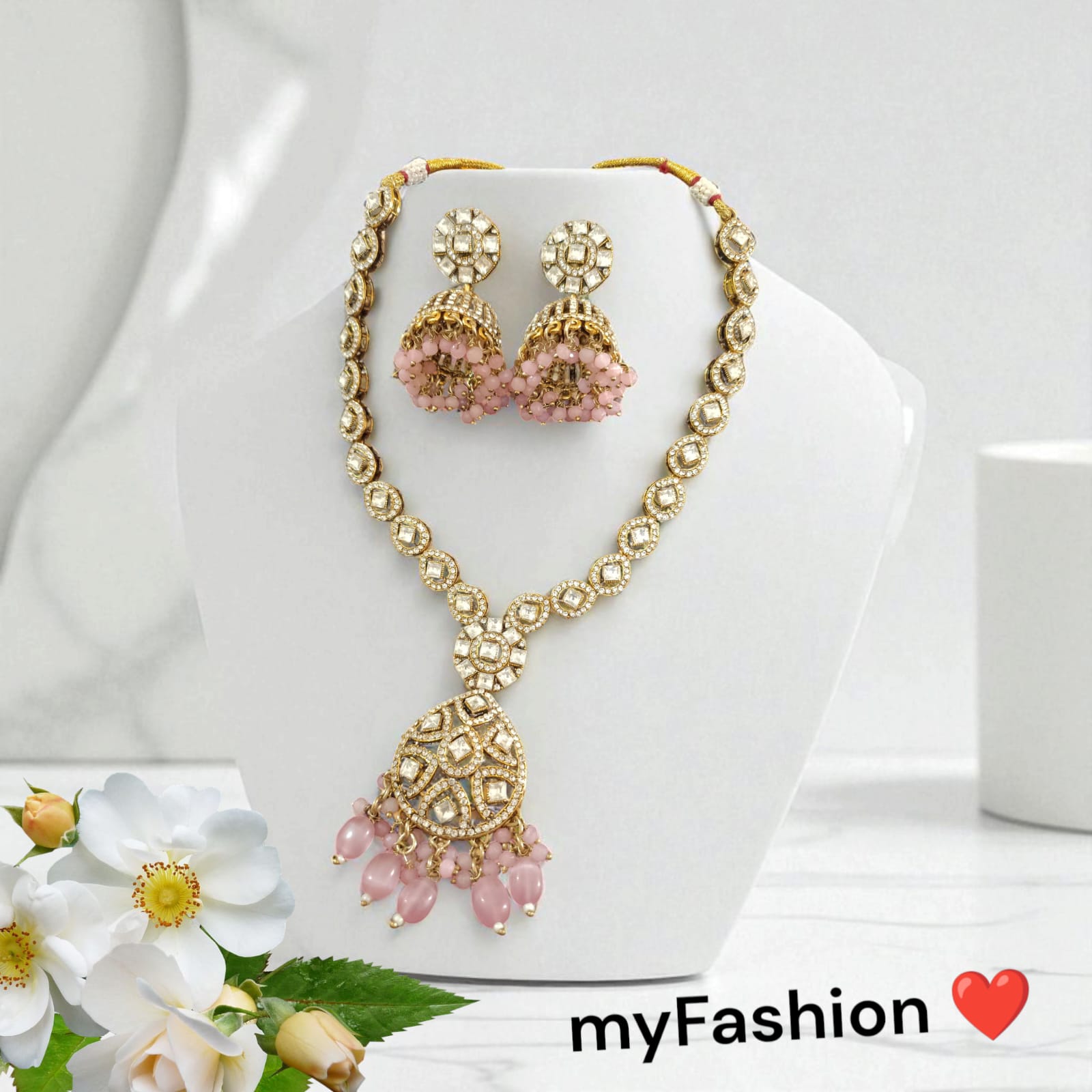 Moissanite Kundan Long Necklace Set with Jhumka – Festive Bridal Jewellery | Perfect for Banarasi Mashru Silk Sarees