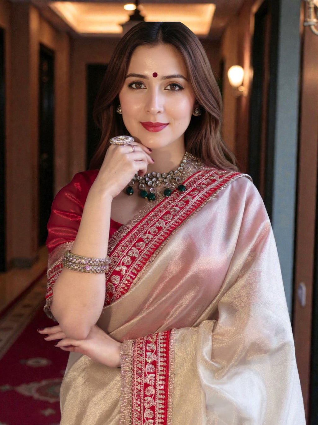 Banarasi Tissue Silk off white Saree with red Lace Border