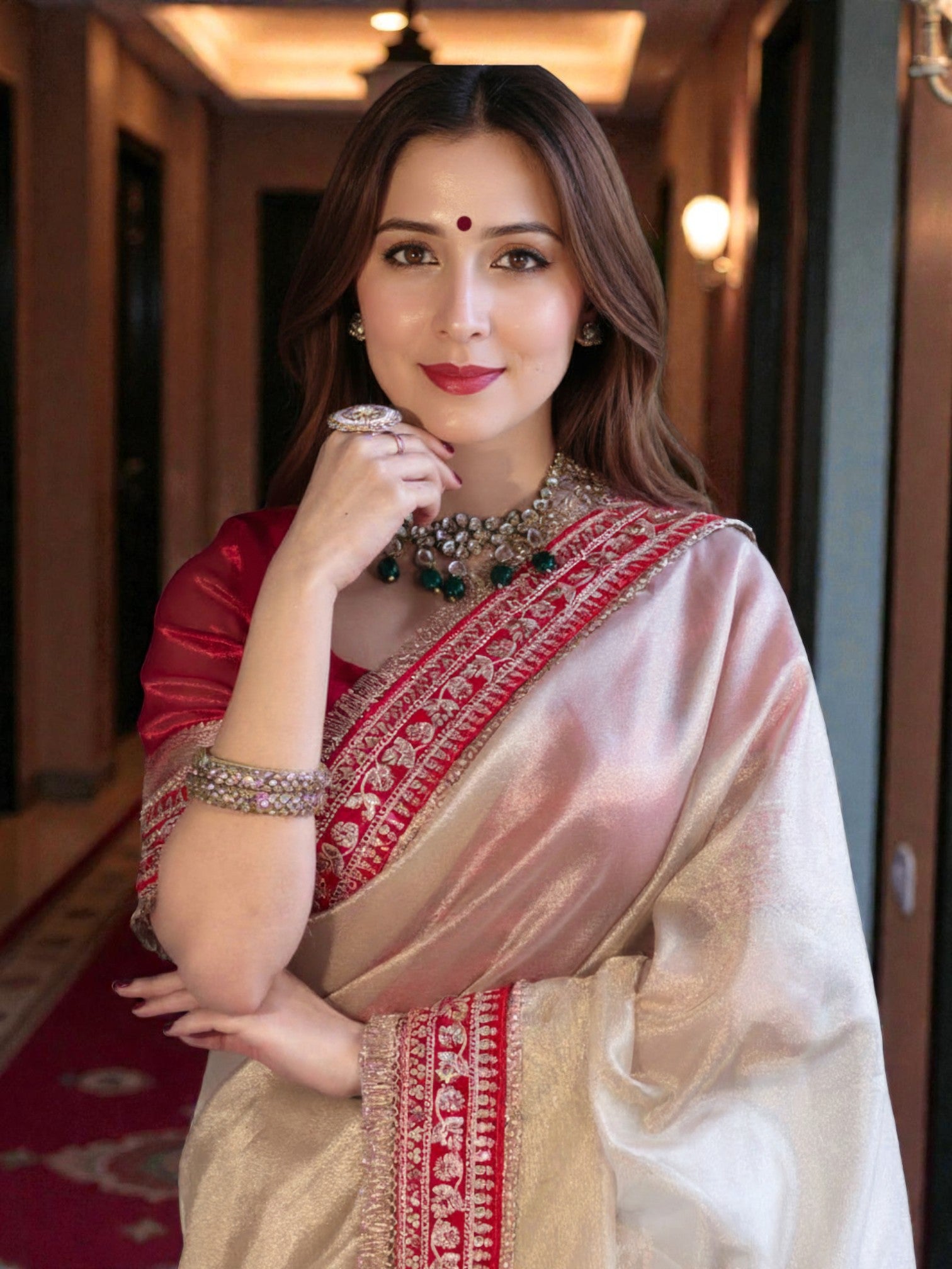 Banarasi Tissue Silk off white Saree with red Lace Border