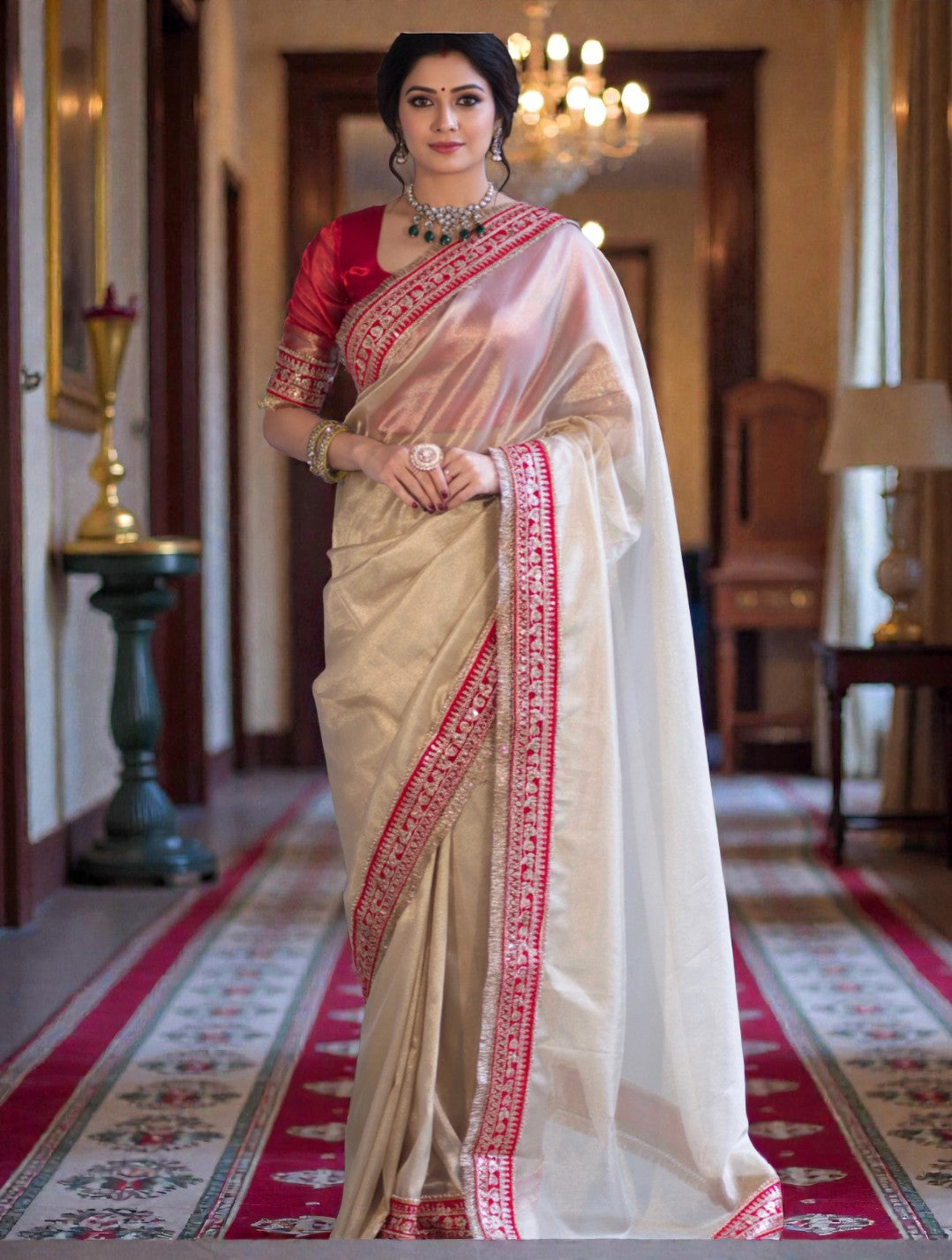 Banarasi Tissue Silk off white Saree with red Lace Border