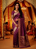 myFashion Tussar Banarasi Silk Saree with Gold Zari Floral Border, Wine colour and Lavendar Colour