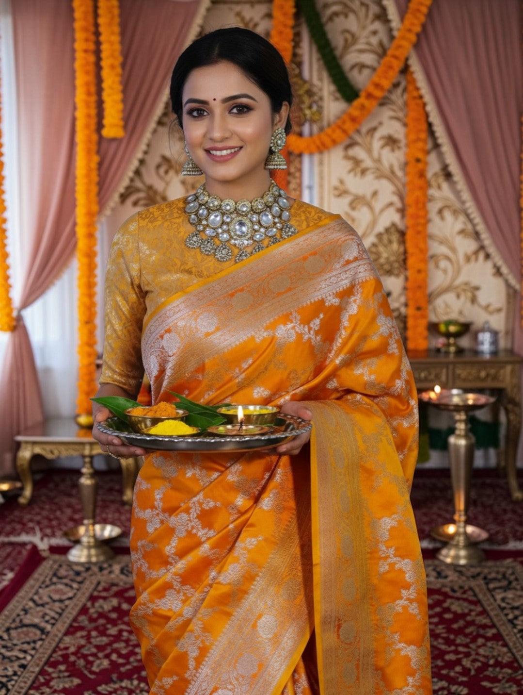 Yellow Banarasi Mashru Silk Saree with Floral Jaal Weaving – Traditional Handwoven Banarasi Wedding & Festive Saree
