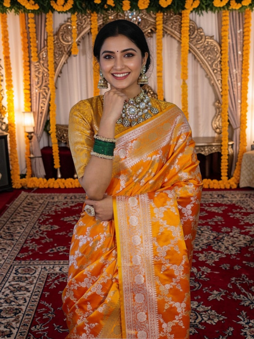 Yellow Banarasi Mashru Silk Saree with Floral Jaal Weaving – Traditional Handwoven Banarasi Wedding & Festive Saree