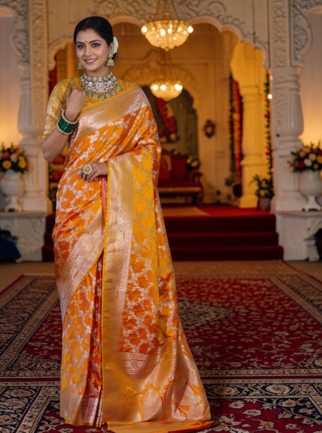 Yellow Banarasi Mashru Silk Saree with Floral Jaal Weaving – Traditional Handwoven Banarasi Wedding & Festive Saree