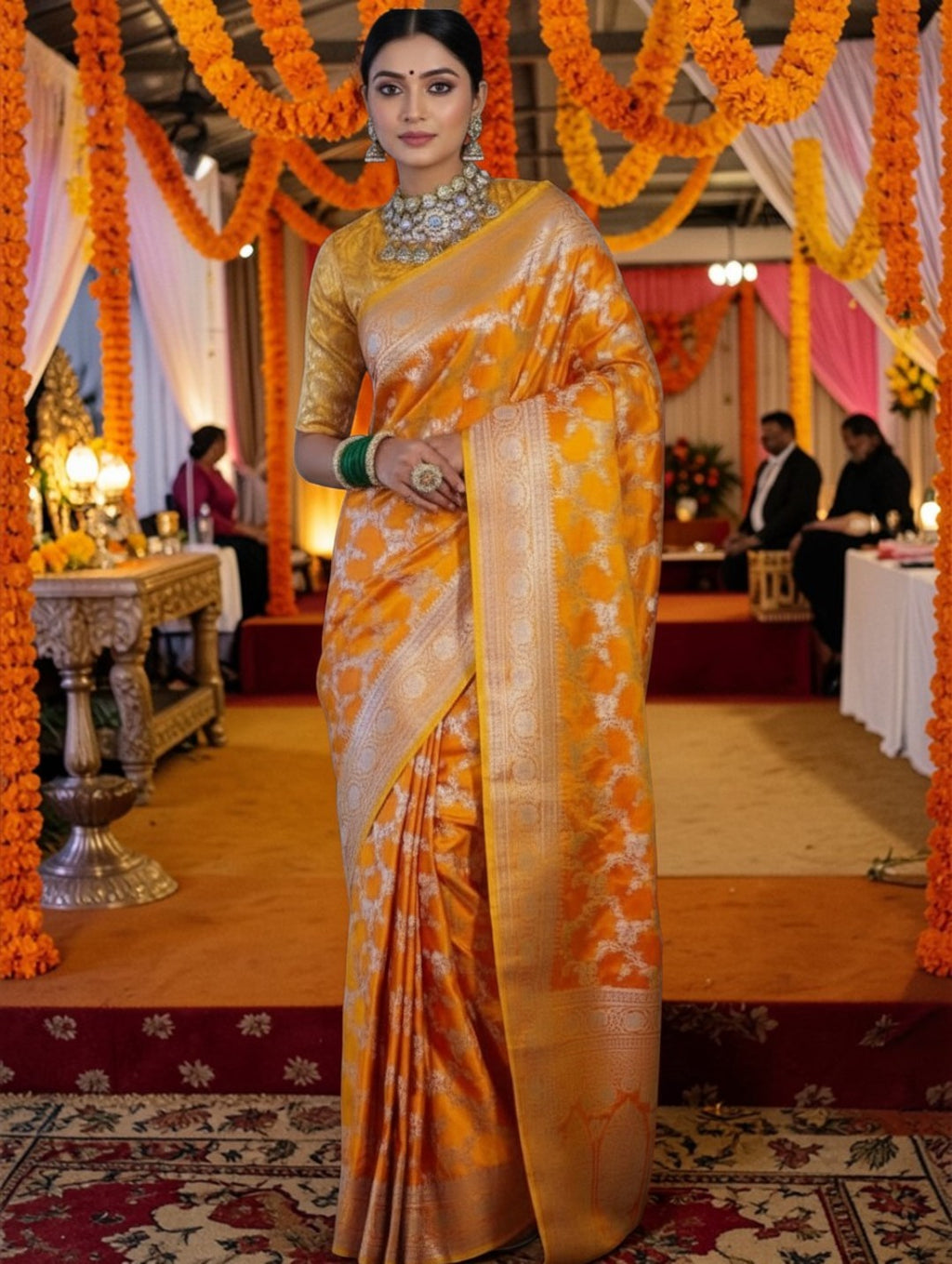 Yellow Banarasi Mashru Silk Saree with Floral Jaal Weaving – Traditional Handwoven Banarasi Wedding & Festive Saree