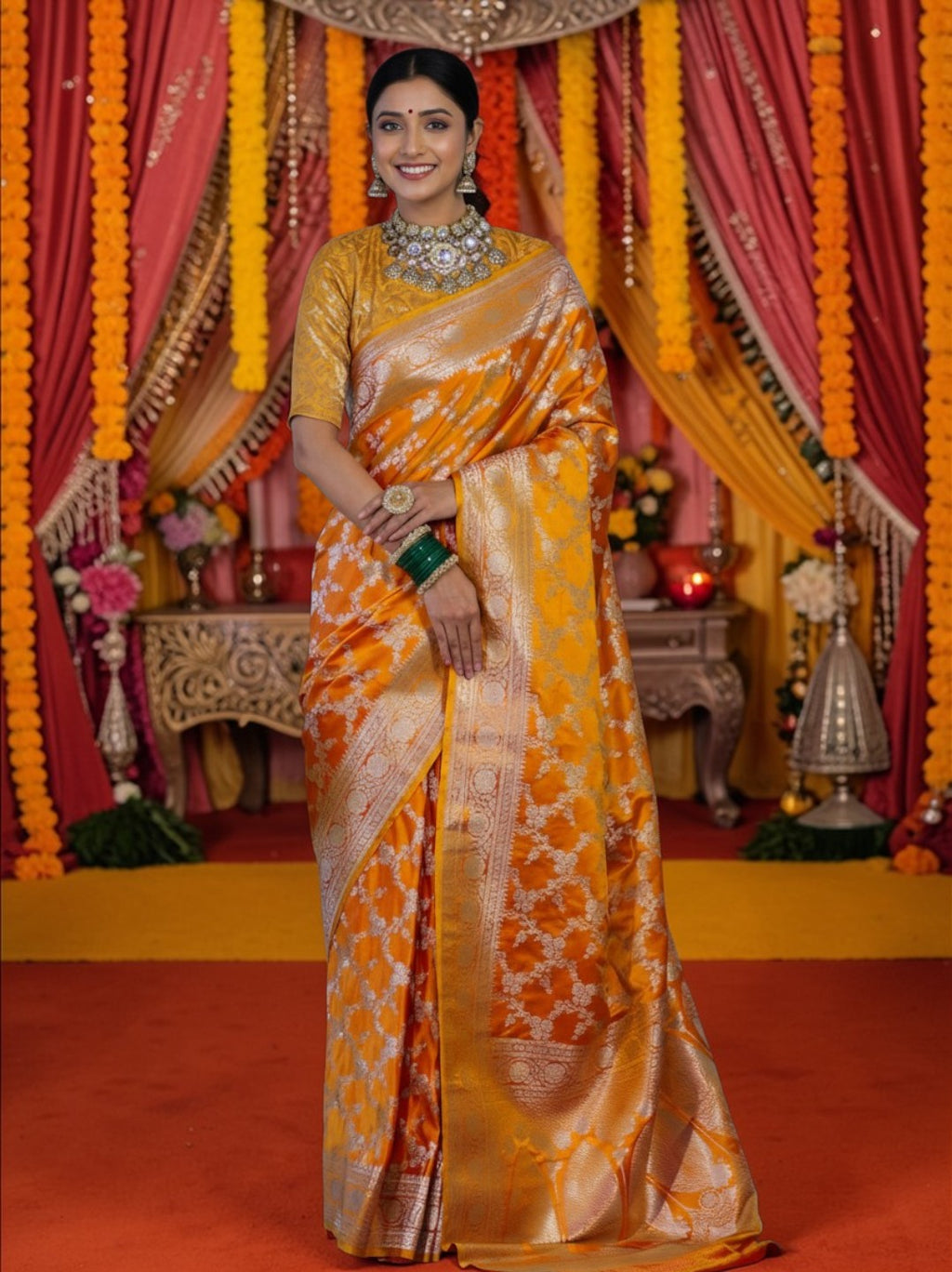 Yellow Banarasi Mashru Silk Saree with Floral Jaal Weaving – Traditional Handwoven Banarasi Wedding & Festive Saree