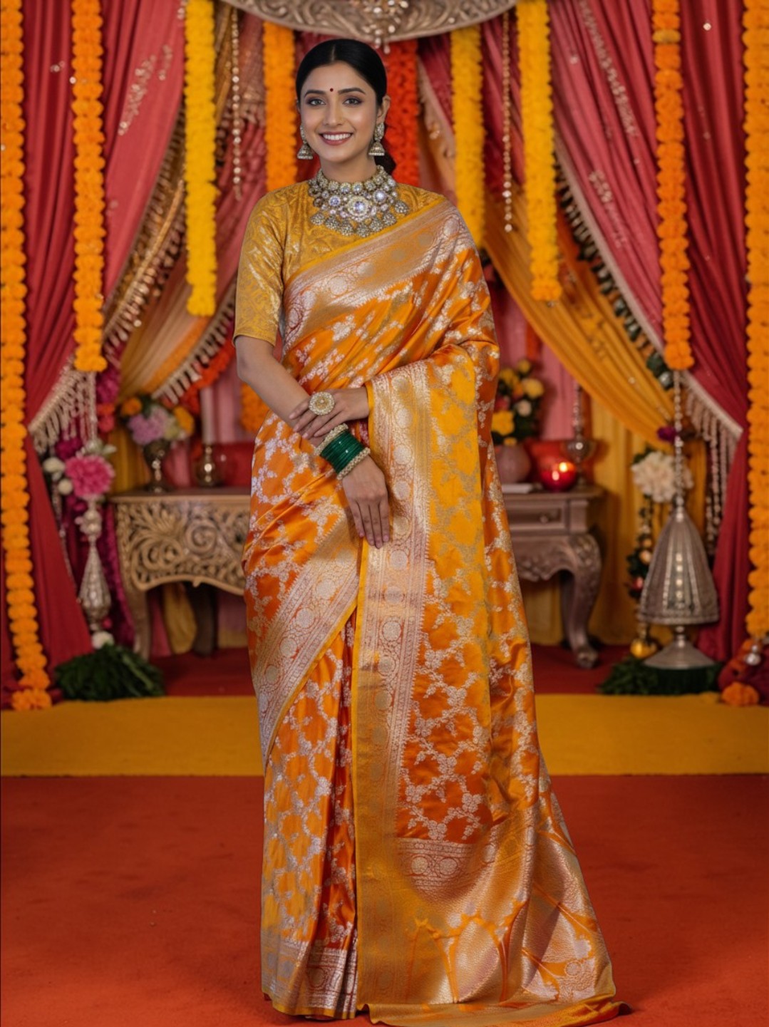 Yellow Banarasi Mashru Silk Saree with Floral Jaal Weaving – Traditional Handwoven Banarasi Wedding & Festive Saree