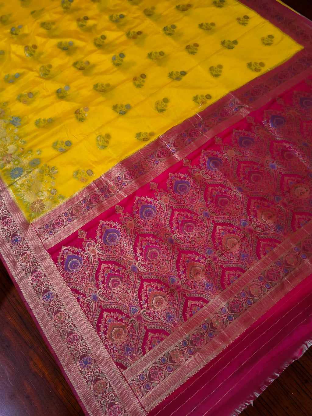 Premium Katan Pashmina Banarasi Saree in Yellow with Rani Pink Contrast Border & Rich Zari Woven Pallu | Festive & Wedding Wear