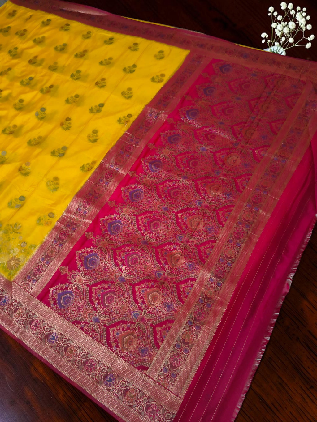 Premium Katan Pashmina Banarasi Saree in Yellow with Rani Pink Contrast Border & Rich Zari Woven Pallu | Festive & Wedding Wear