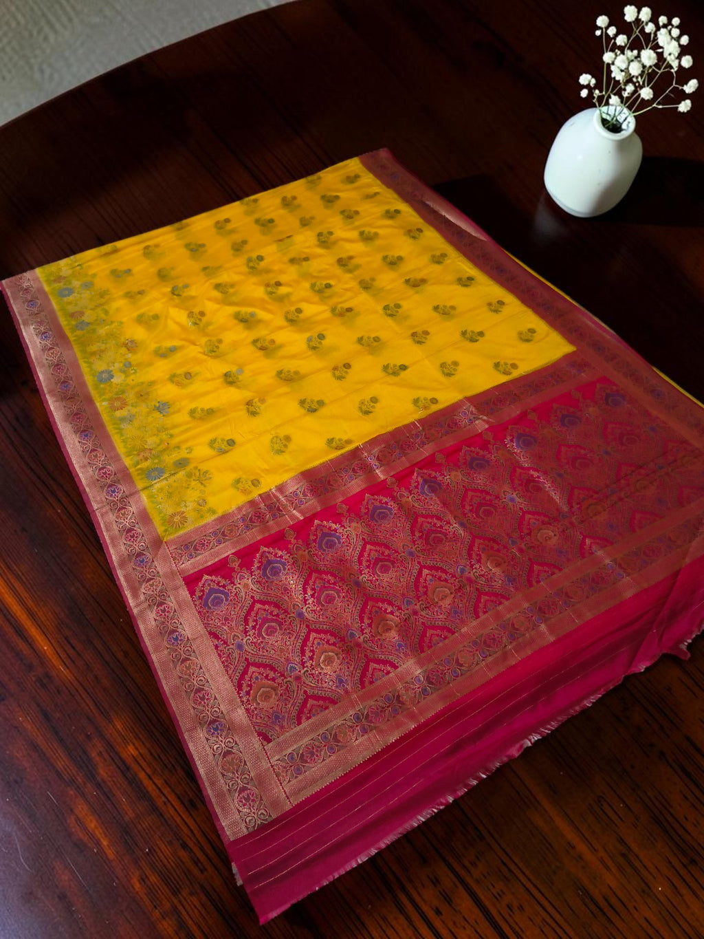 Premium Katan Pashmina Banarasi Saree in Yellow with Rani Pink Contrast Border & Rich Zari Woven Pallu | Festive & Wedding Wear