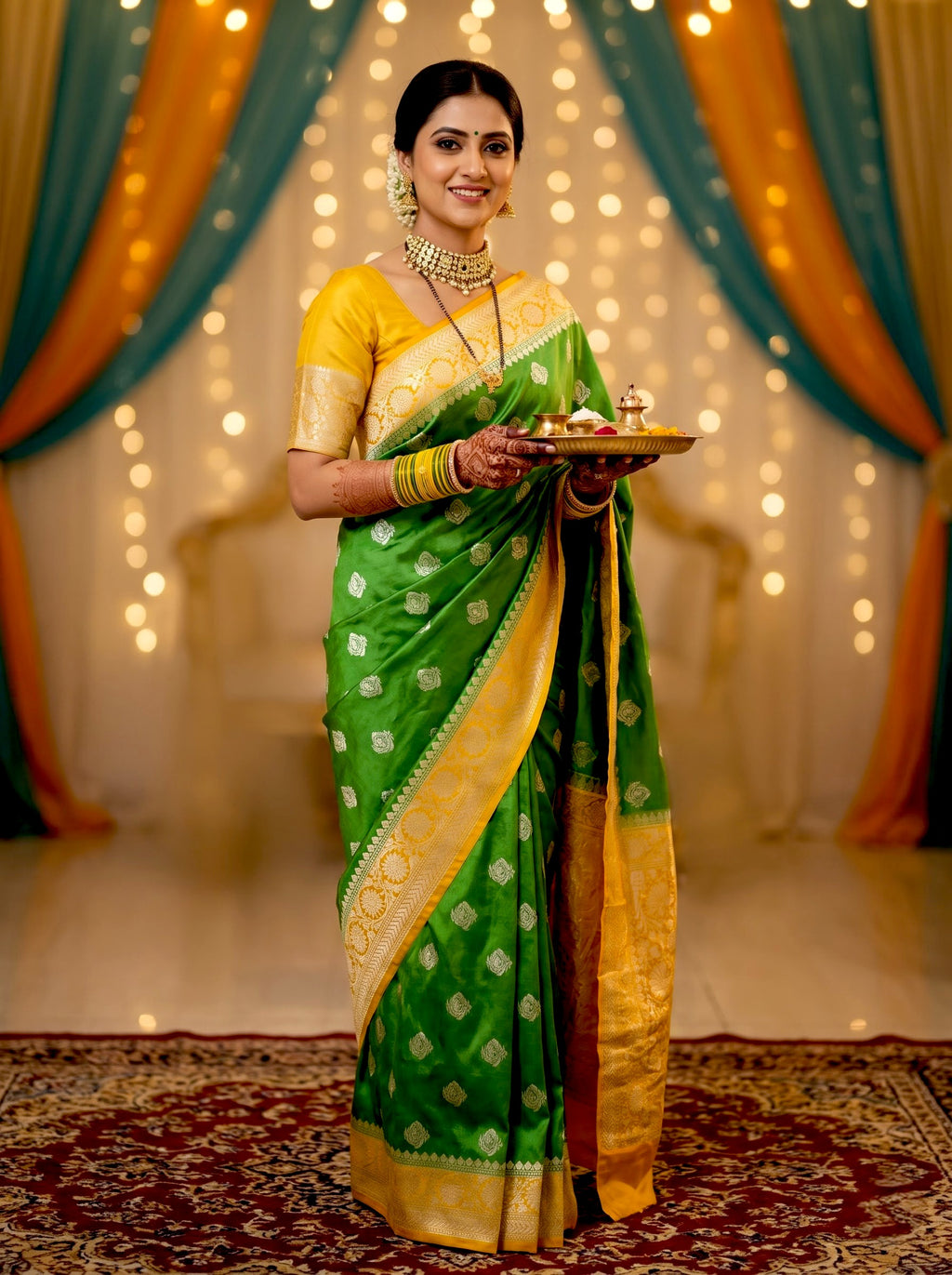 myFashion Banarasi Premium Katan Silk Light Green & Yellow Zari Saree
