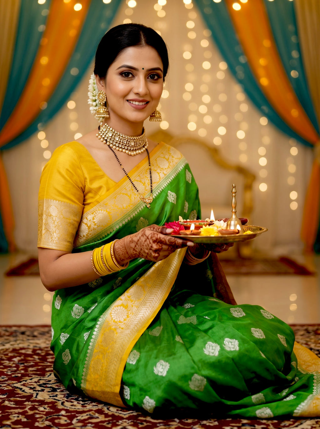 myFashion Banarasi Premium Katan Silk Light Green & Yellow Zari Saree