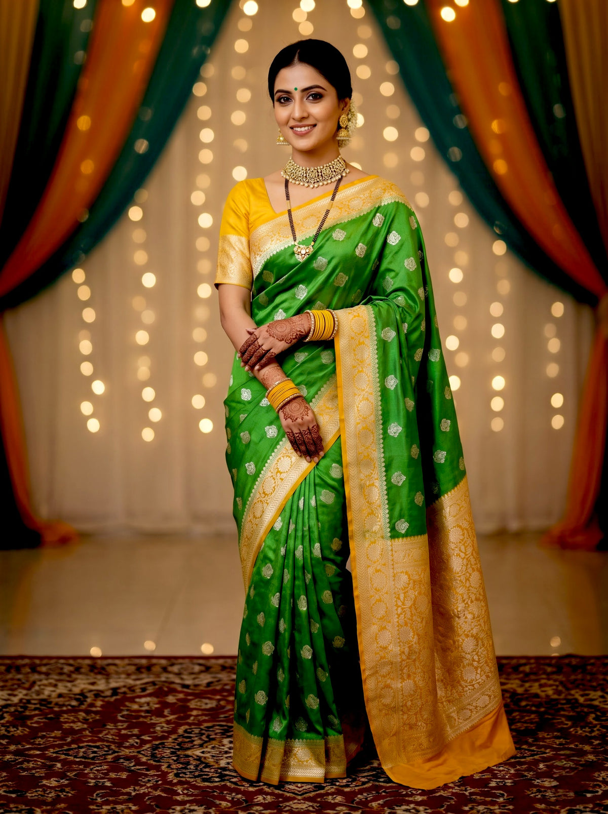 myFashion Banarasi Premium Katan Silk Light Green & Yellow Zari Saree