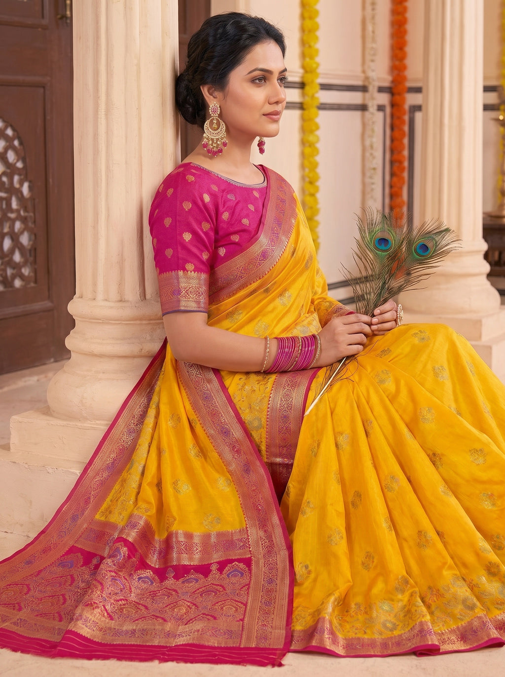 Premium Katan Pashmina Banarasi Saree in Yellow with Rani Pink Contrast Border & Rich Zari Woven Pallu | Festive & Wedding Wear