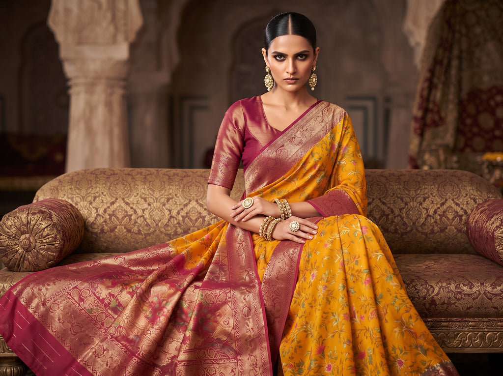 Mustard Yellow Semi Katan Pashmina Banarasi Saree with Contrast Magenta Pink Zari Border