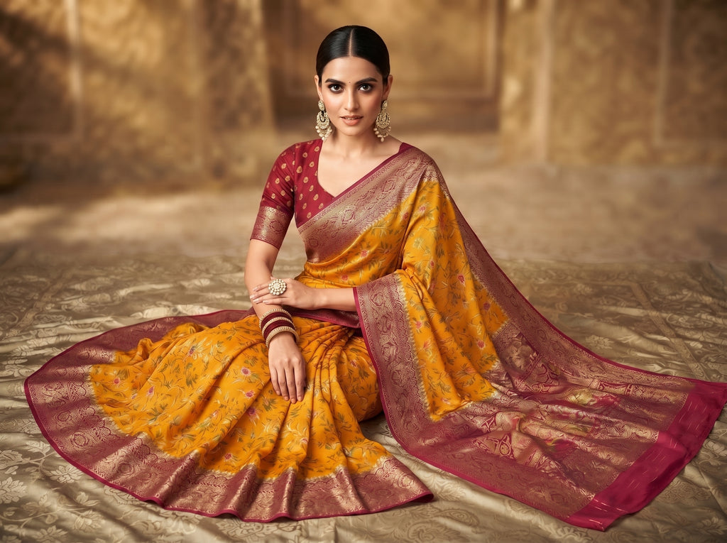 Mustard Yellow Semi Katan Pashmina Banarasi Saree with Contrast Magenta Pink Zari Border
