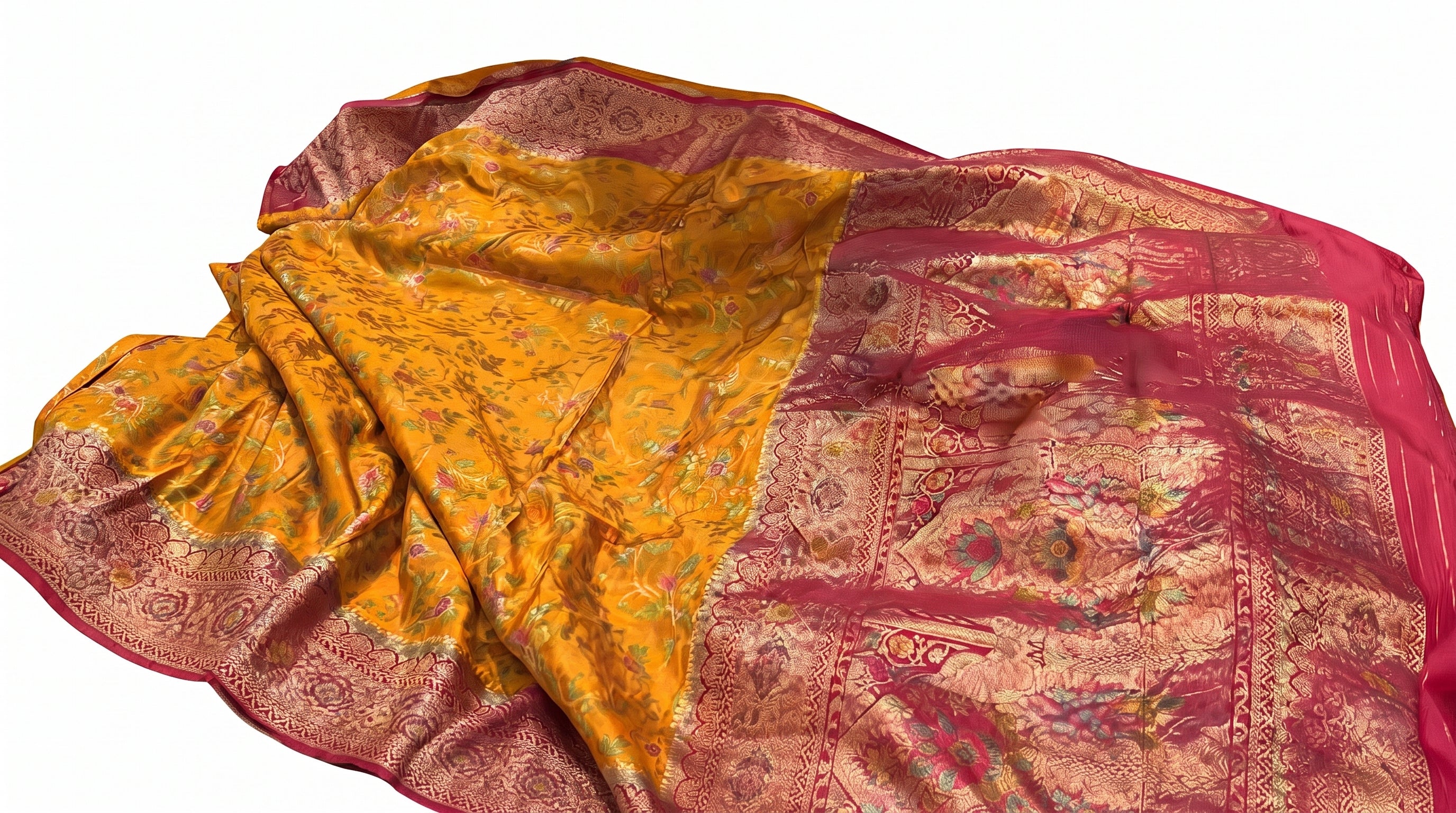Mustard Yellow Semi Katan Pashmina Banarasi Saree with Contrast Magenta Pink Zari Border