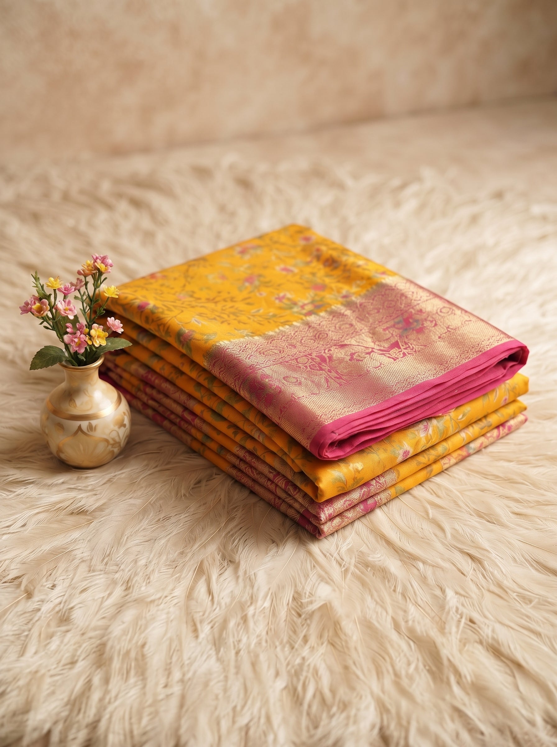 Mustard Yellow Semi Katan Pashmina Banarasi Saree with Contrast Magenta Pink Zari Border