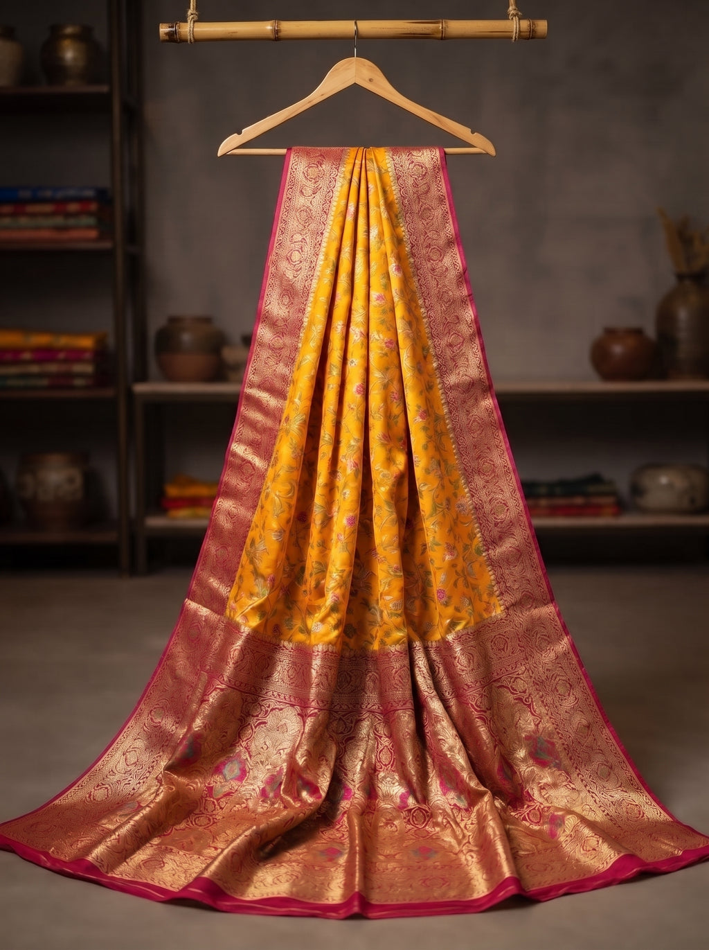 Mustard Yellow Semi Katan Pashmina Banarasi Saree with Contrast Magenta Pink Zari Border