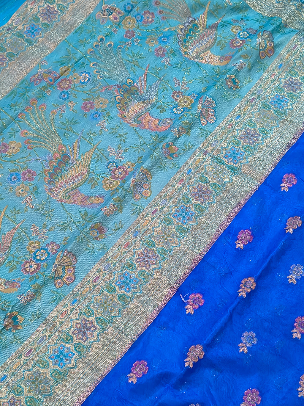 Royal Blue Banarasi Semi Silk Saree with Contrast Aqua Peacock Meenakari Border & Rich Pallu