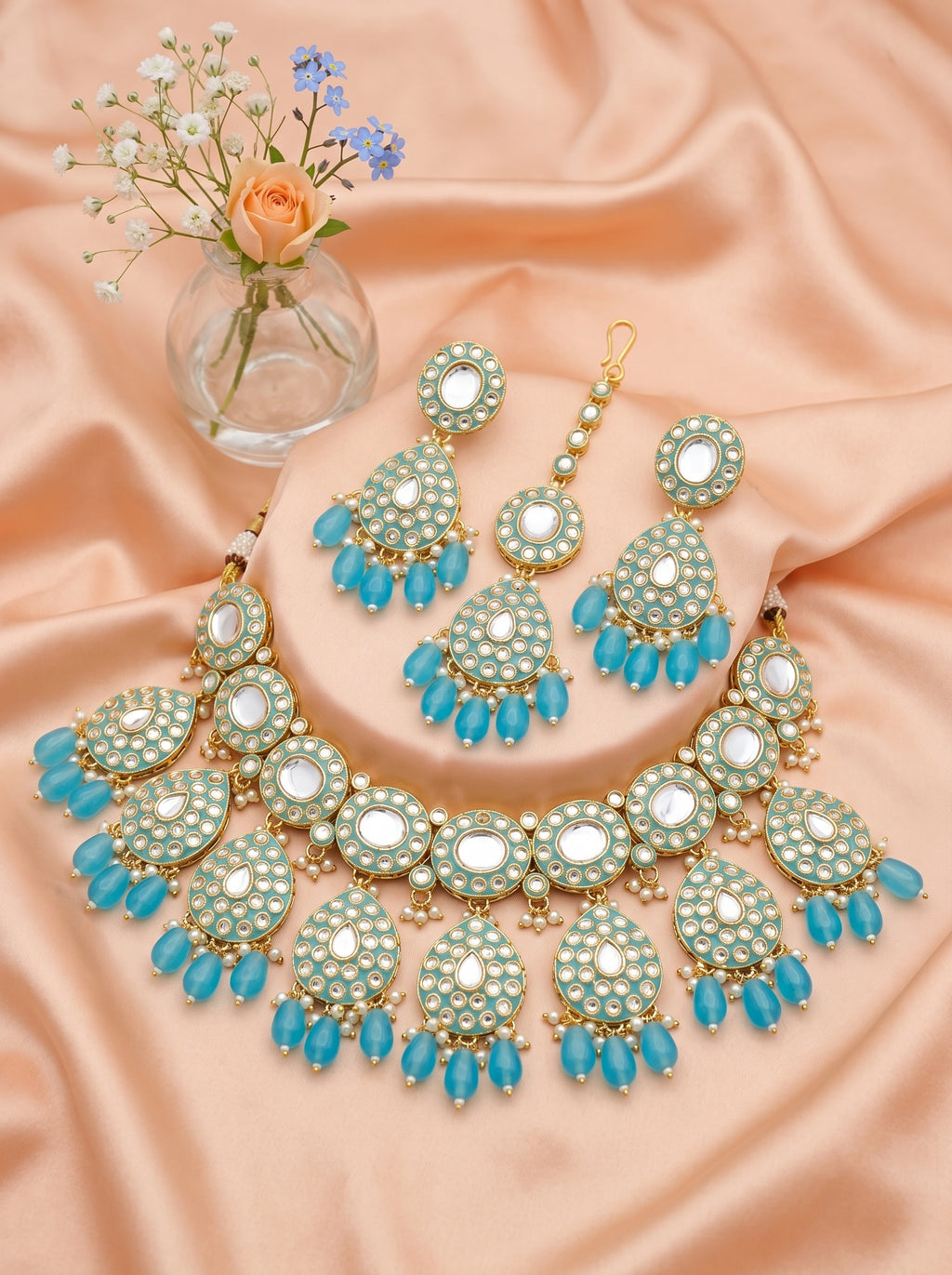 Elegant Turquoise Blue Kundan Choker Necklace Set with Earrings & Maang Tikka – Bridal Statement Jewelry