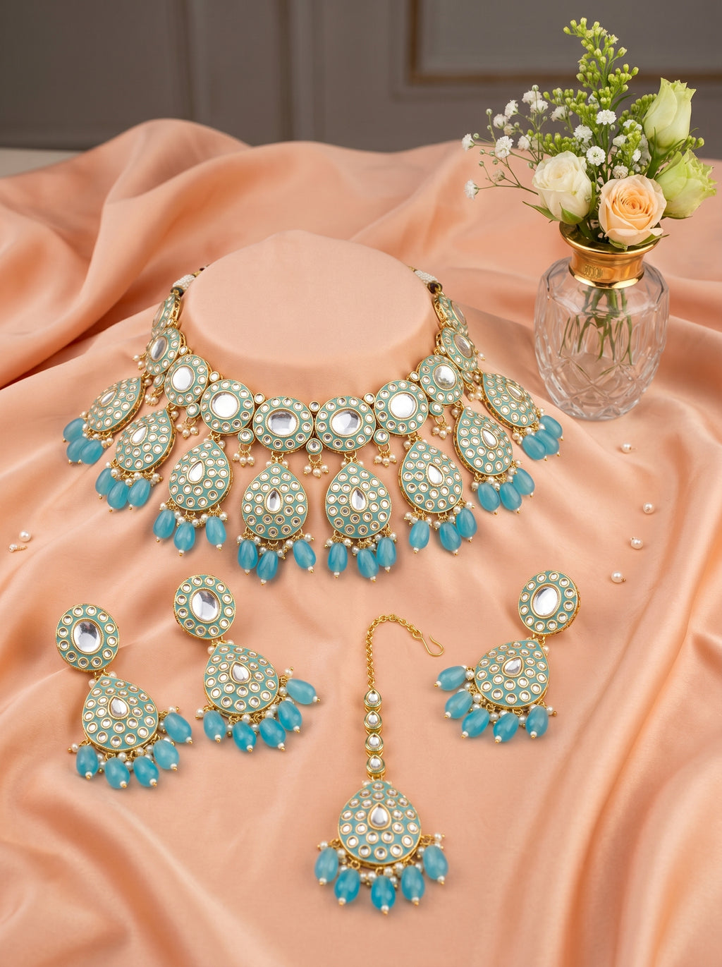 Elegant Turquoise Blue Kundan Choker Necklace Set with Earrings & Maang Tikka – Bridal Statement Jewelry