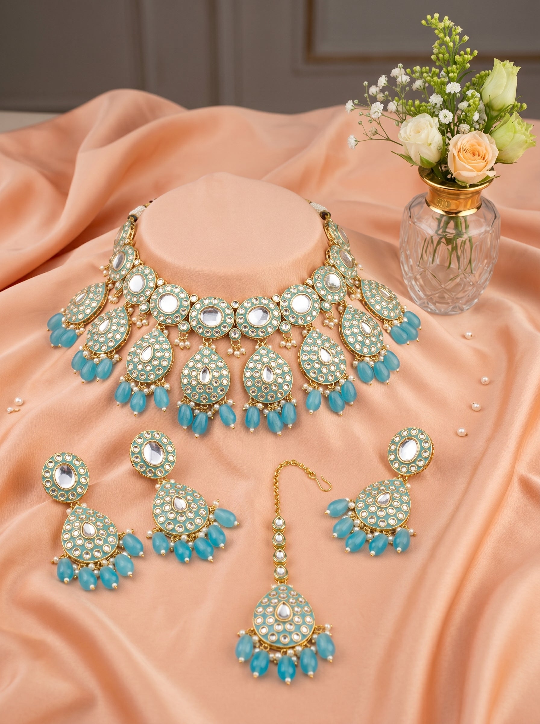 Elegant Turquoise Blue Kundan Choker Necklace Set with Earrings & Maang Tikka – Bridal Statement Jewelry