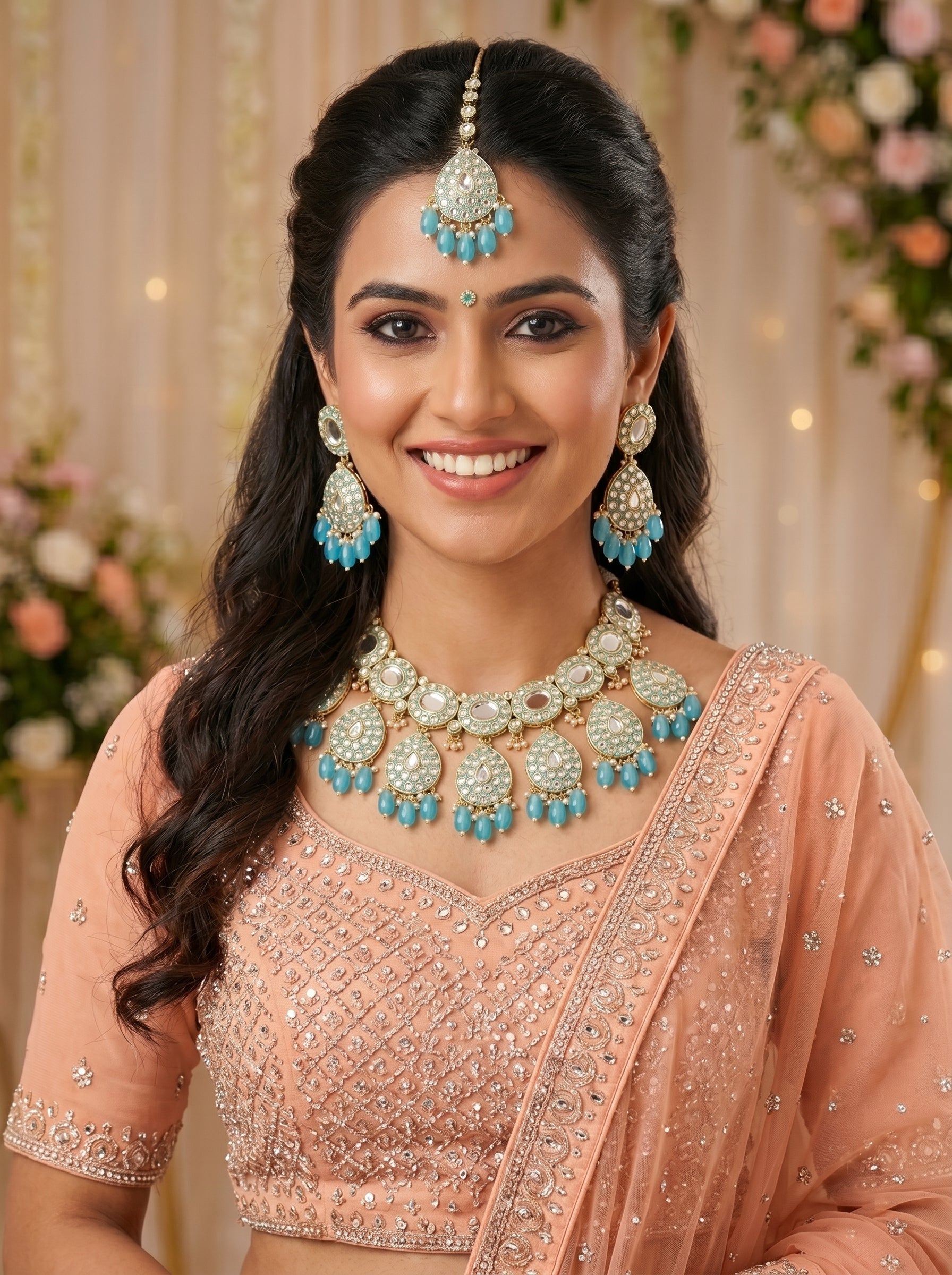 Elegant Turquoise Blue Kundan Choker Necklace Set with Earrings & Maang Tikka – Bridal Statement Jewelry