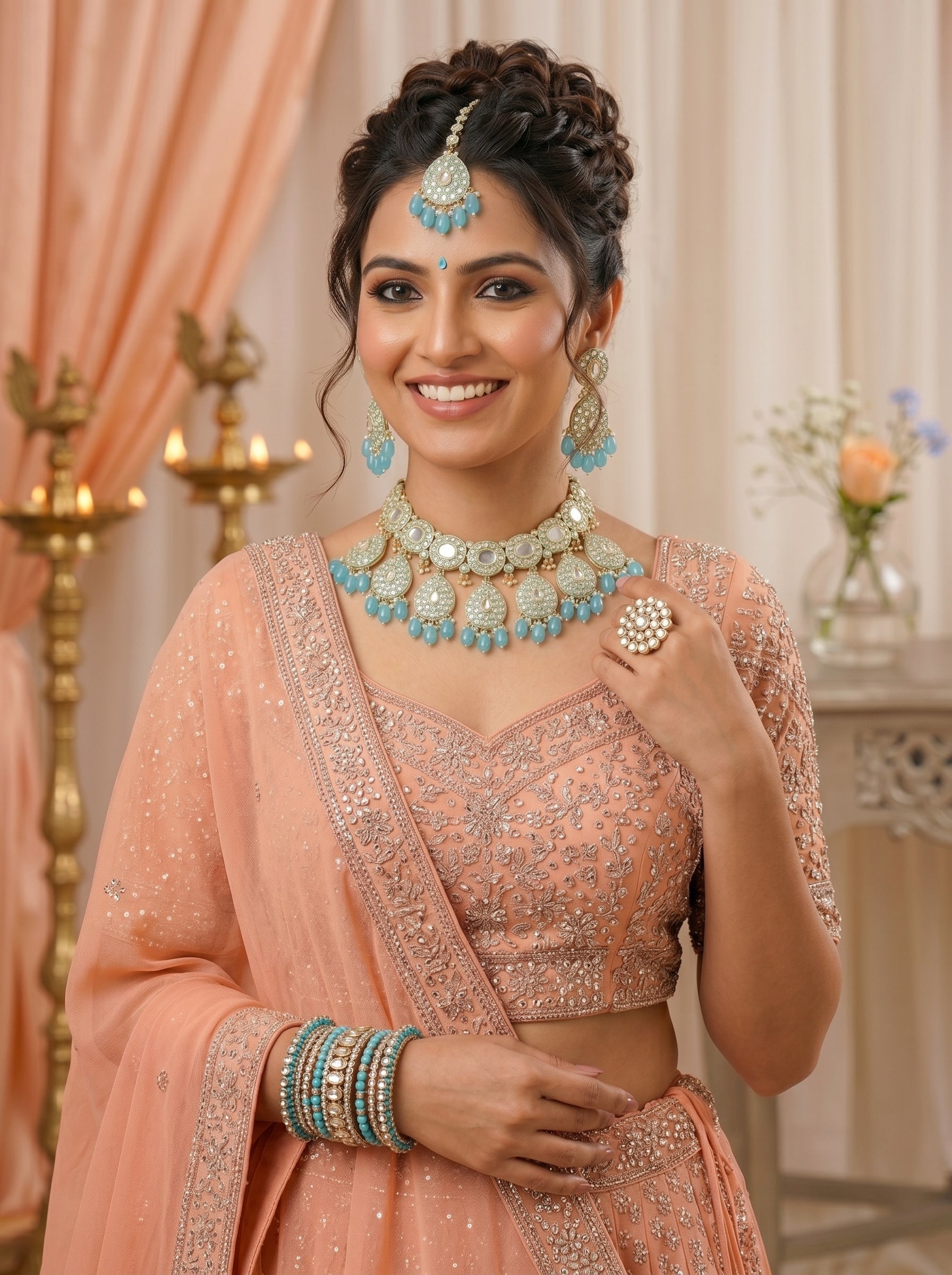 Elegant Turquoise Blue Kundan Choker Necklace Set with Earrings & Maang Tikka – Bridal Statement Jewelry