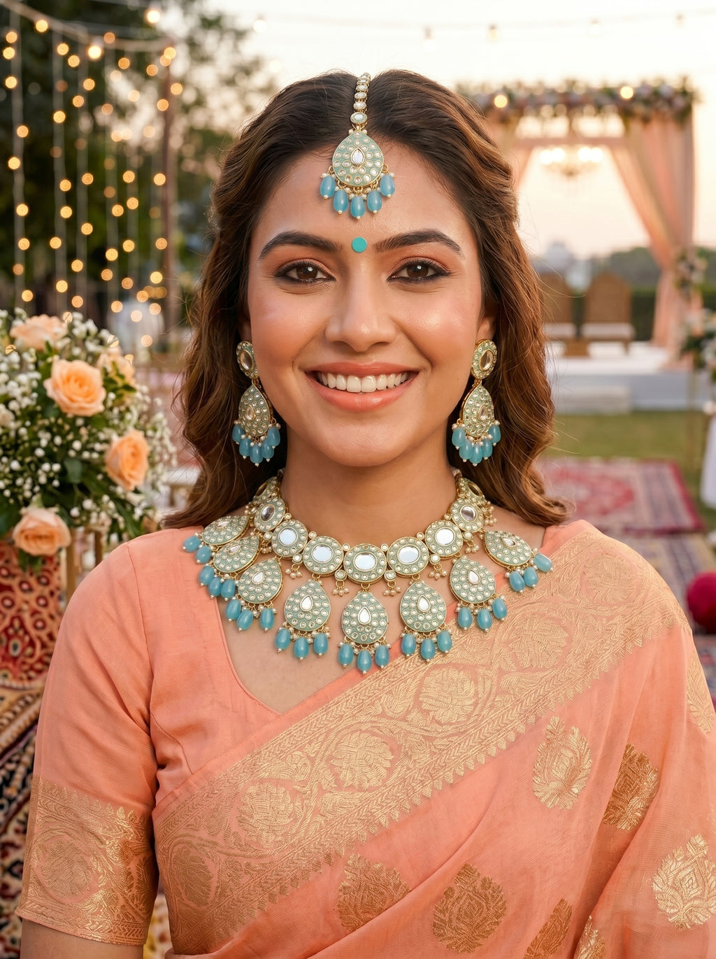 Elegant Turquoise Blue Kundan Choker Necklace Set with Earrings & Maang Tikka – Bridal Statement Jewelry