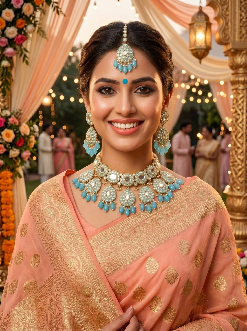 Elegant Turquoise Blue Kundan Choker Necklace Set with Earrings & Maang Tikka – Bridal Statement Jewelry