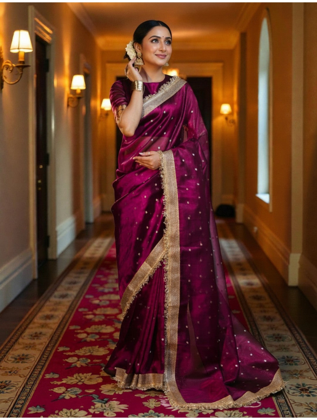 Burgundy Banarasi Tissue Saree with Gold Zari Border