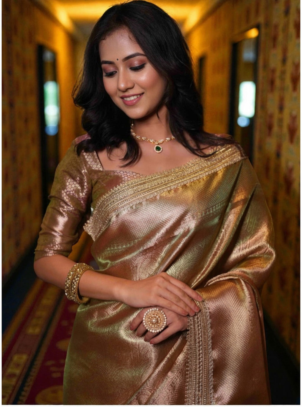 Copper Gold Banarasi Tissue Saree with Rich Zari Border