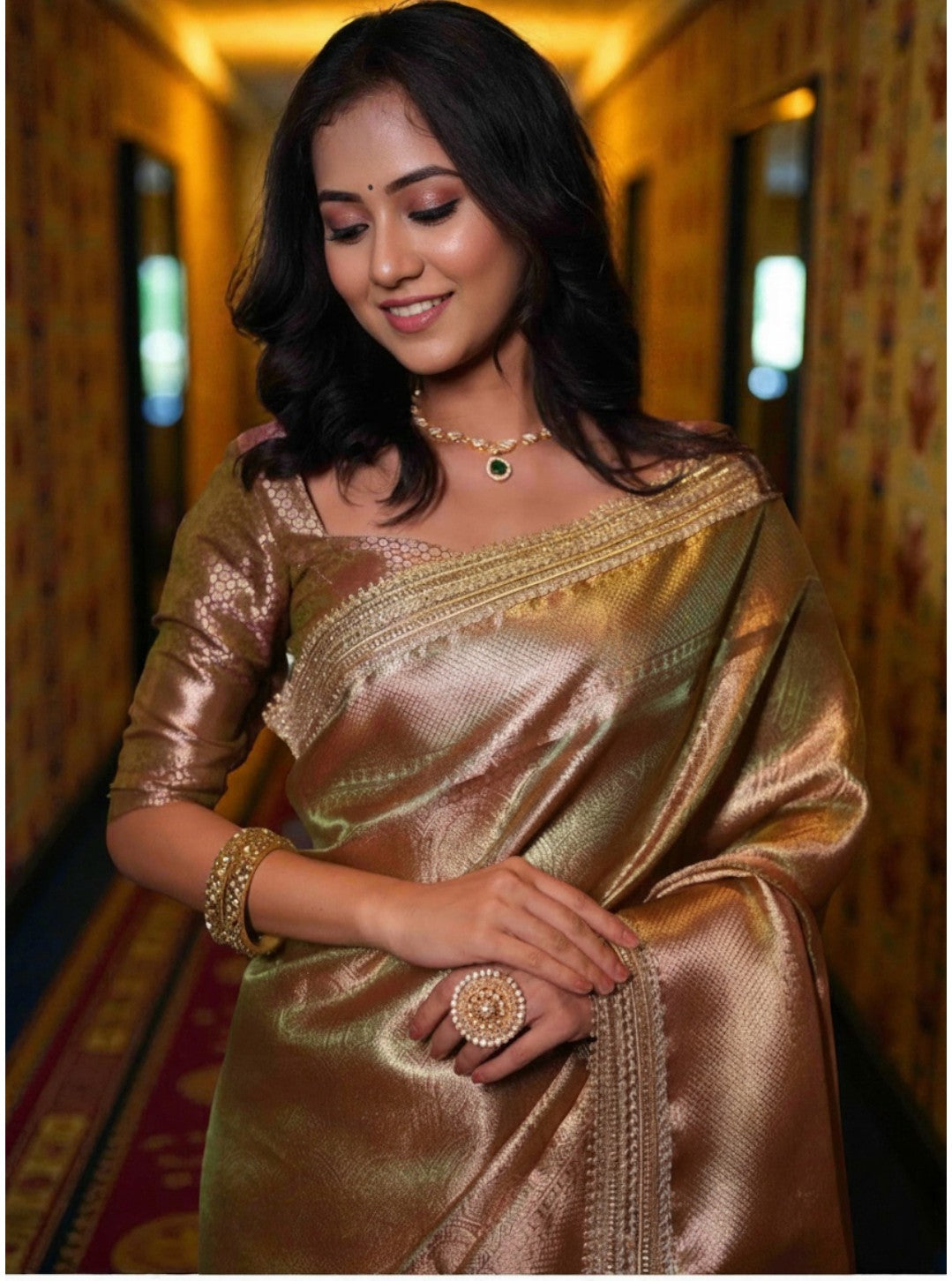 Copper Gold Banarasi Tissue Saree with Rich Zari Border