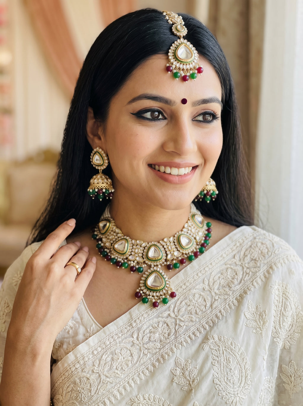 myFashion Kundan Choker Necklace Set with Pearl Strands & Green Maroon Beads | Bridal Jewellery Set with Jhumka Earrings & Maang Tikka
