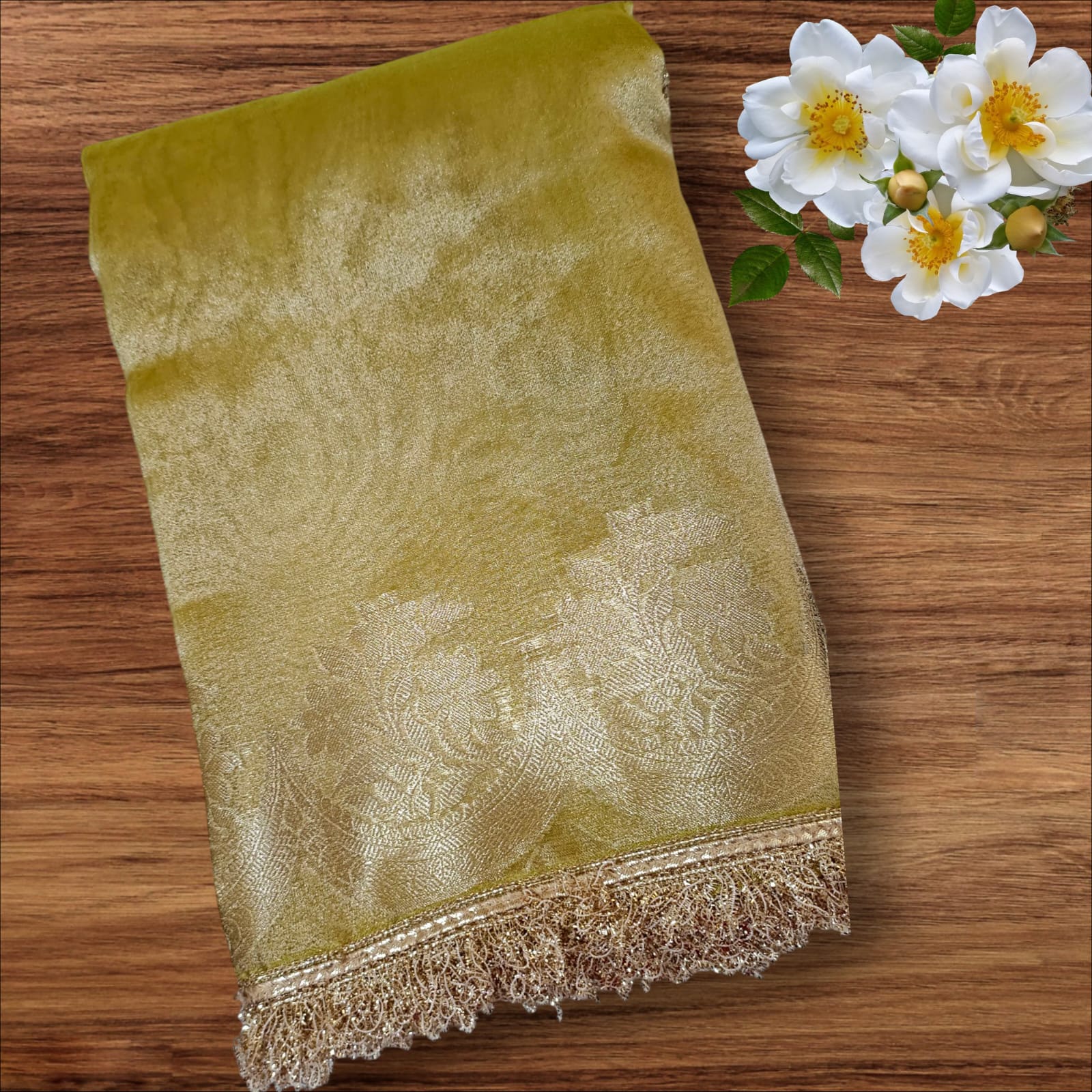 Banarasi Tissue silk Saree with Golden zari floral Scallop border