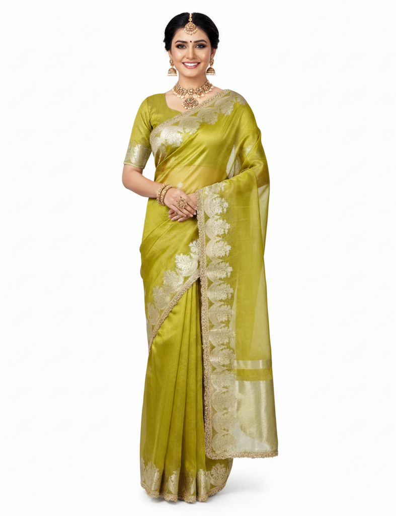 Banarasi Tissue silk Saree with Golden zari floral Scallop border