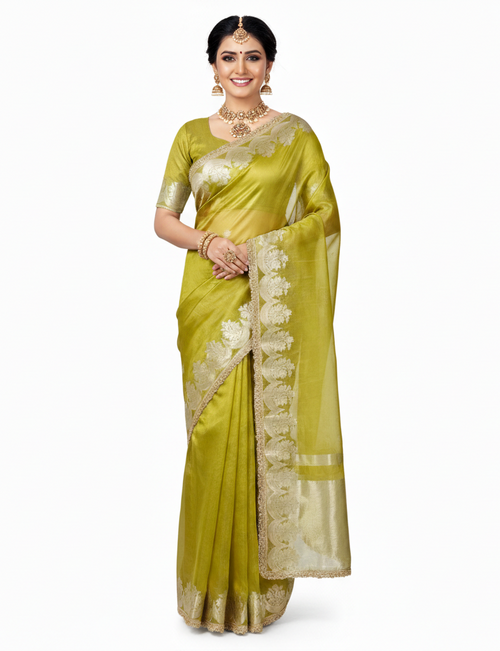 Banarasi Tissue silk Saree with Golden zari floral Scallop border