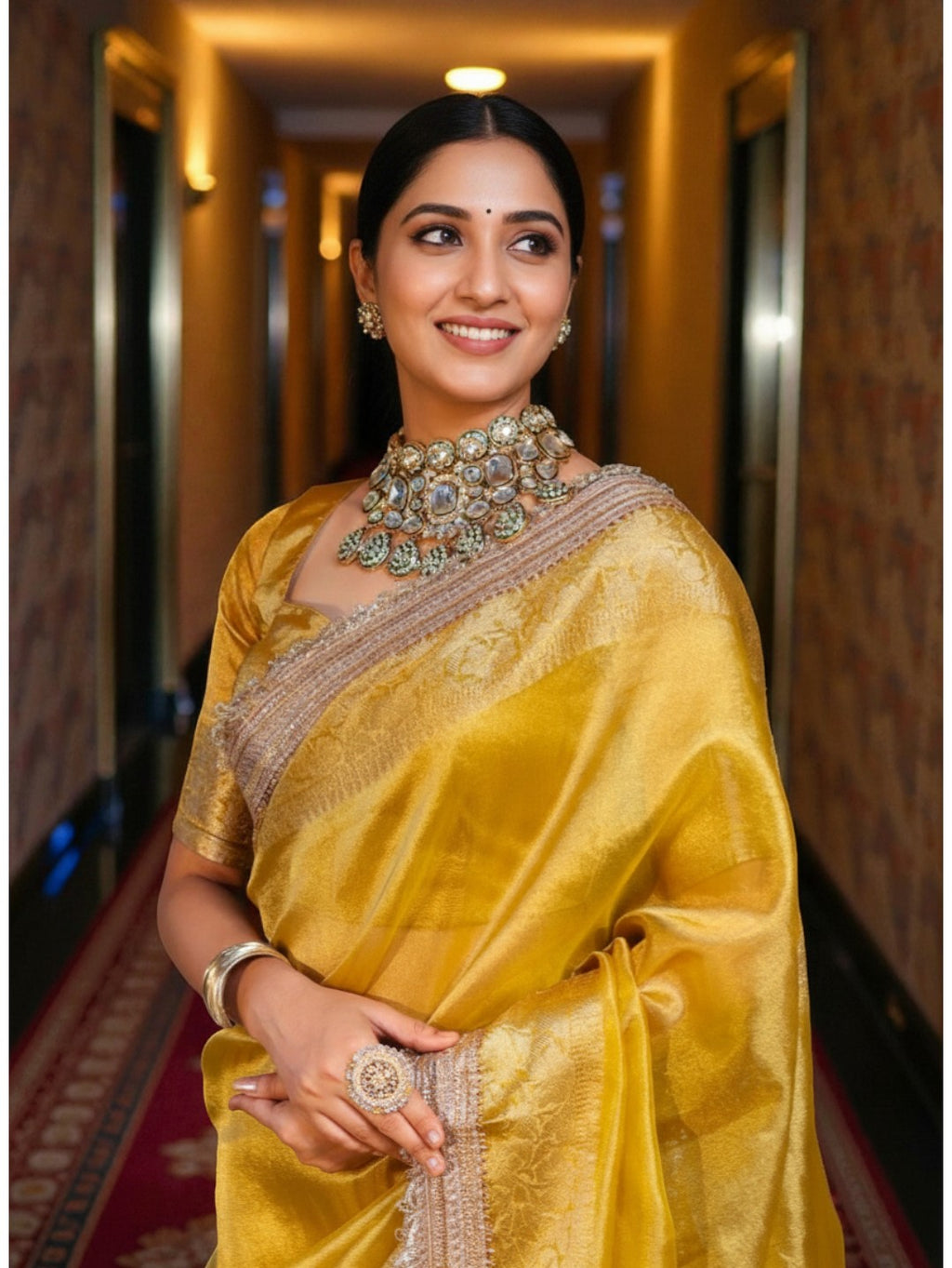 Golden Banarasi Tissue Saree with Elegant Zari Border