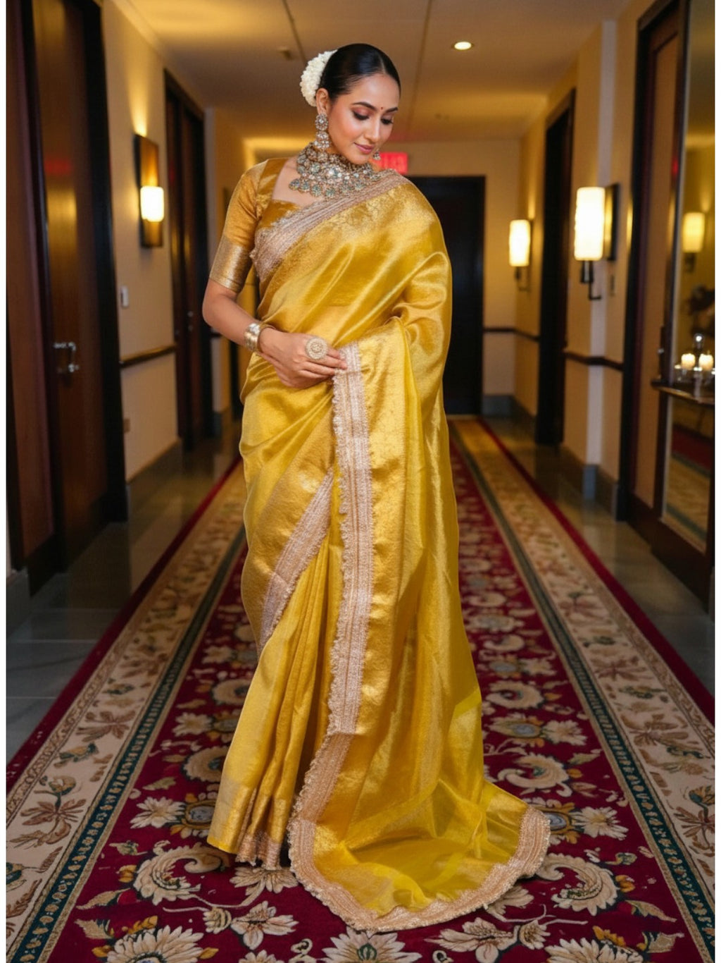 Golden Banarasi Tissue Saree with Elegant Zari Border