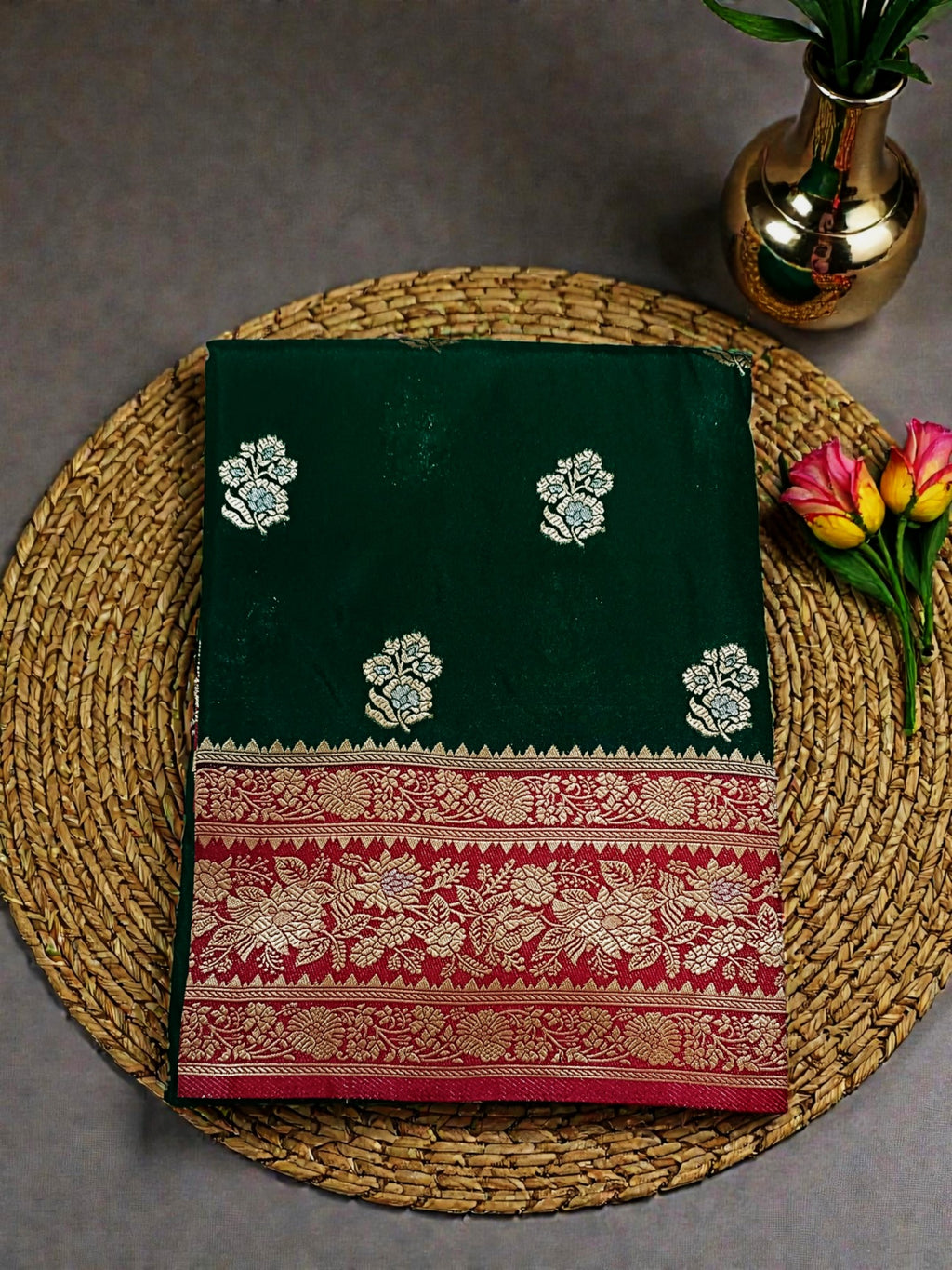 Royal Green and Red Banarasi Semi Katan Silk Saree with Gold Zari Weaving & contrast Rich Pallu