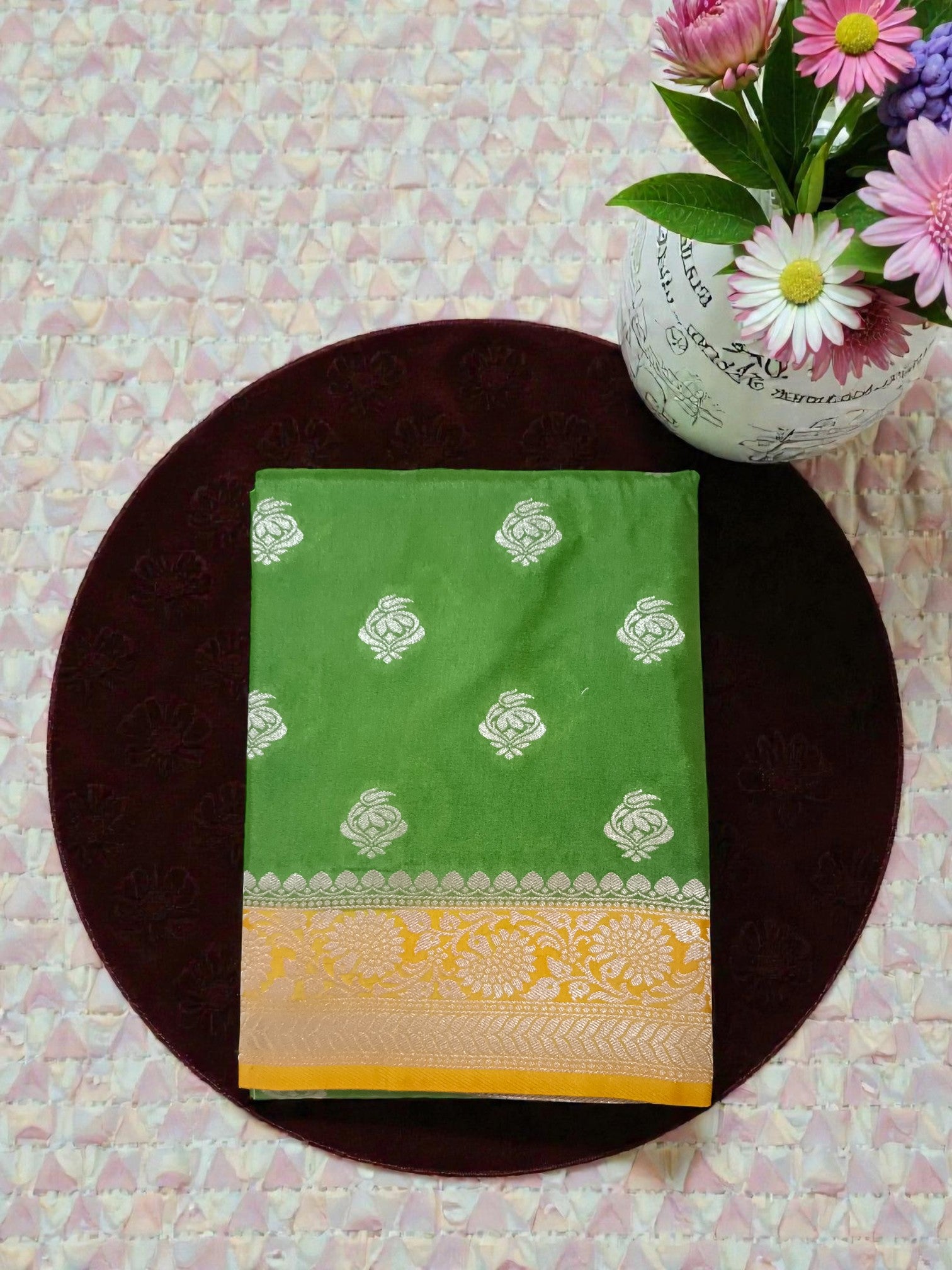 myFashion Banarasi Katan Silk Saree light green with Contrast yellow Border and Pallu