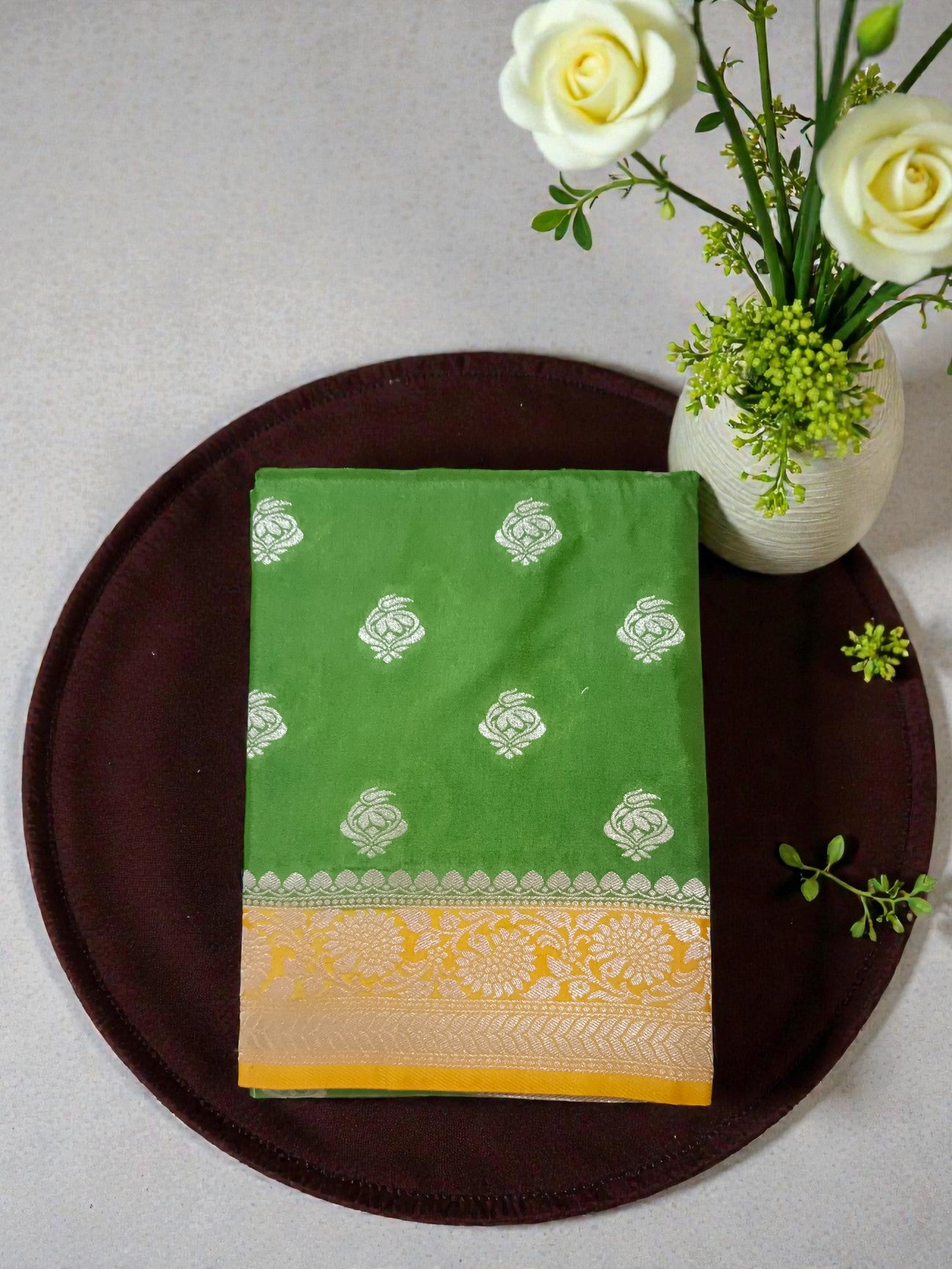 myFashion Banarasi Katan Silk Saree light green with Contrast yellow Border and Pallu