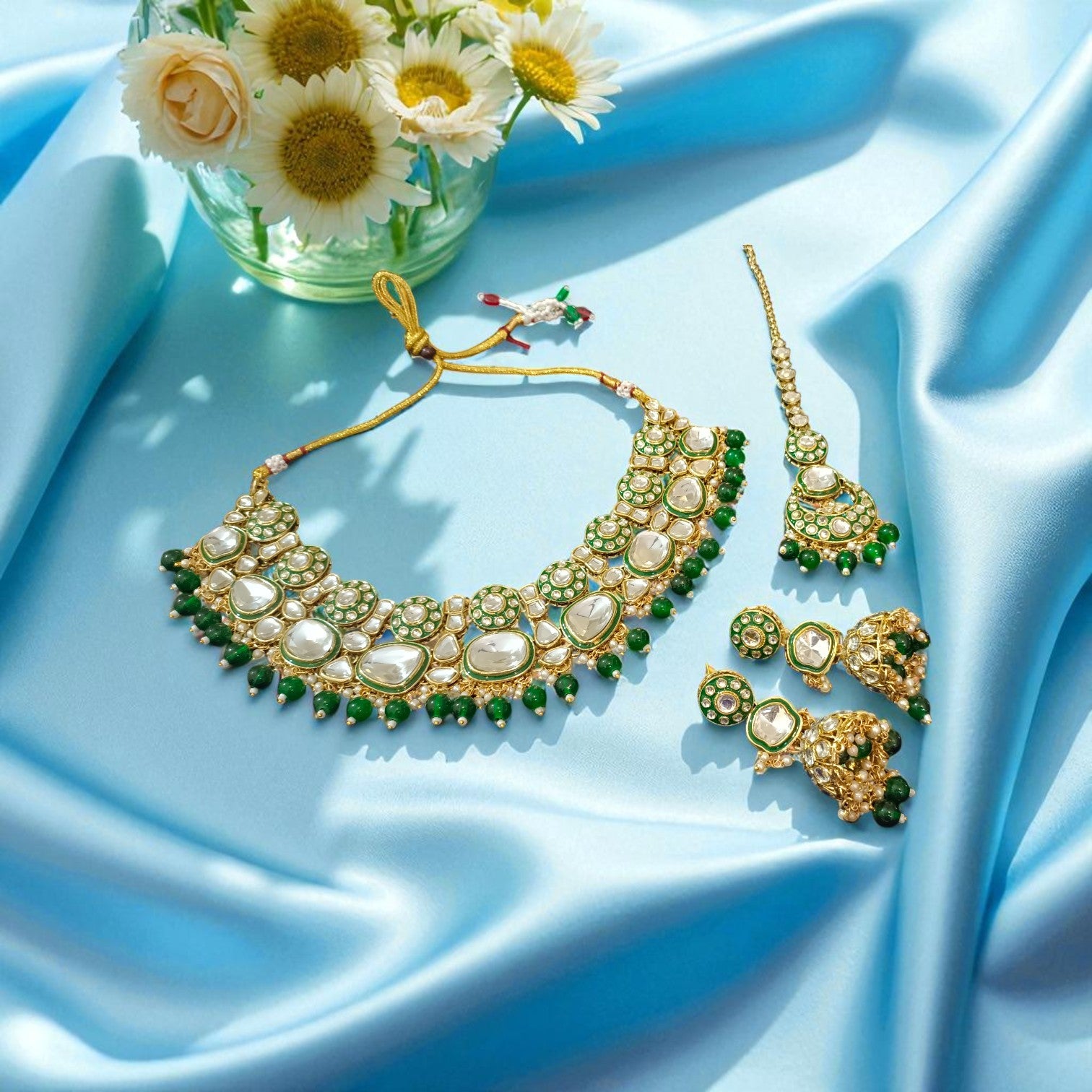 Bridal Kundan Choker Necklace Set with Jhumka Earrings & Maang Tikka – Traditional Indian Wedding Jewellery (Purple/White / Green / Mint & Pink)